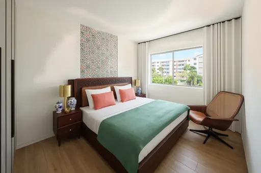Modern Peranakan master bedroom in a Berlayar Rise 4-room BTO flat, version 1