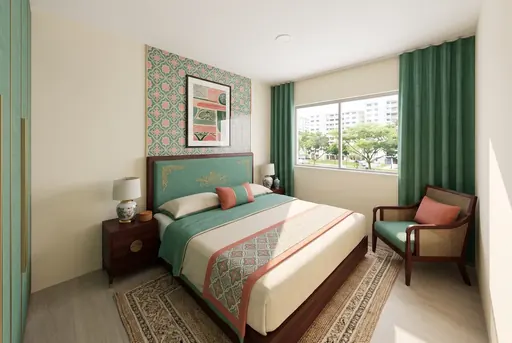 Modern Peranakan master bedroom in a Berlayar Rise 4-room BTO flat, version 2