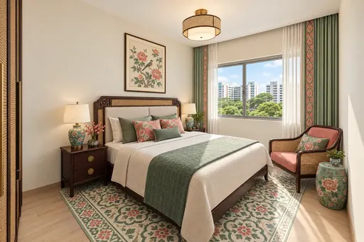 Modern Peranakan master bedroom in a Berlayar Rise 4-room BTO flat, version 3