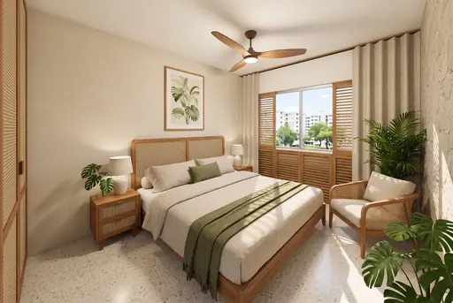 Modern Tropical master bedroom in a Berlayar Rise 4-room BTO flat, version 2