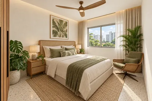 Modern Tropical master bedroom in a Berlayar Rise 4-room BTO flat, version 3