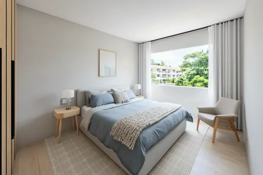Scandinavian master bedroom in a Berlayar Rise 4-room BTO flat, version 1