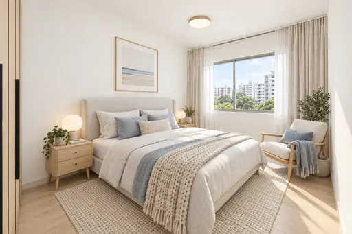 Scandinavian master bedroom in a Berlayar Rise 4-room BTO flat, version 3